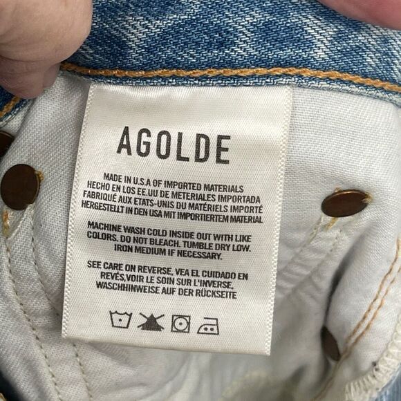 Agolde Blue Distressed Button Fly Cotton Riley High Rise Straight Jeans Size 28 - Picture 8 of 9